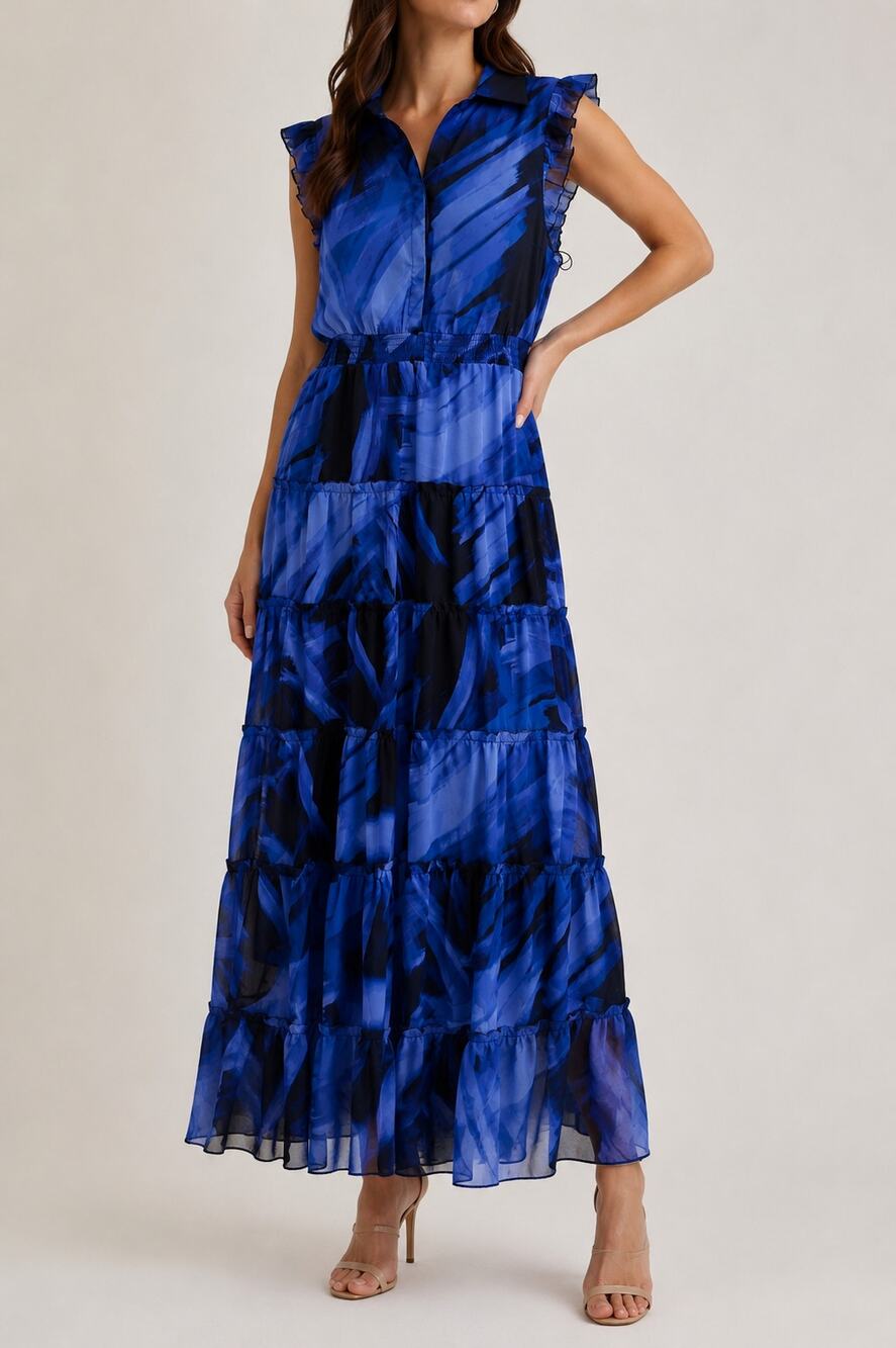 Maggy London Blue Abstract Print Tiered Midi Dress | Ruffle Sleeves | Size L NWT